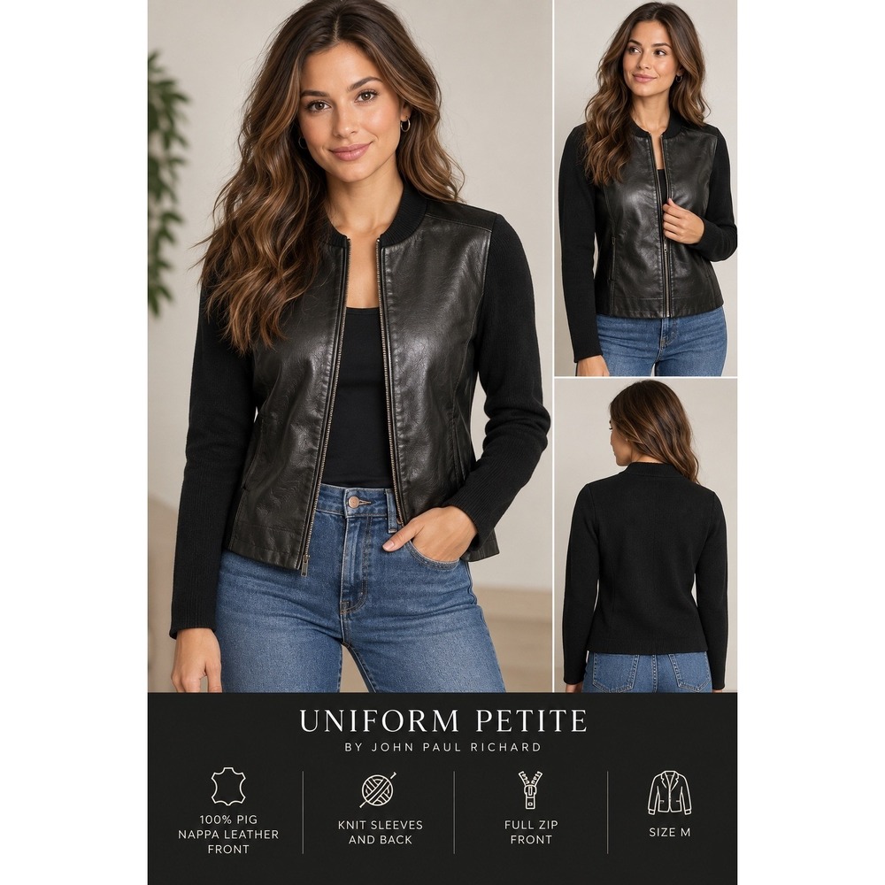 John Paul Richard Womens M Black Pig Nappa Leather Knit Jacket Zip Front